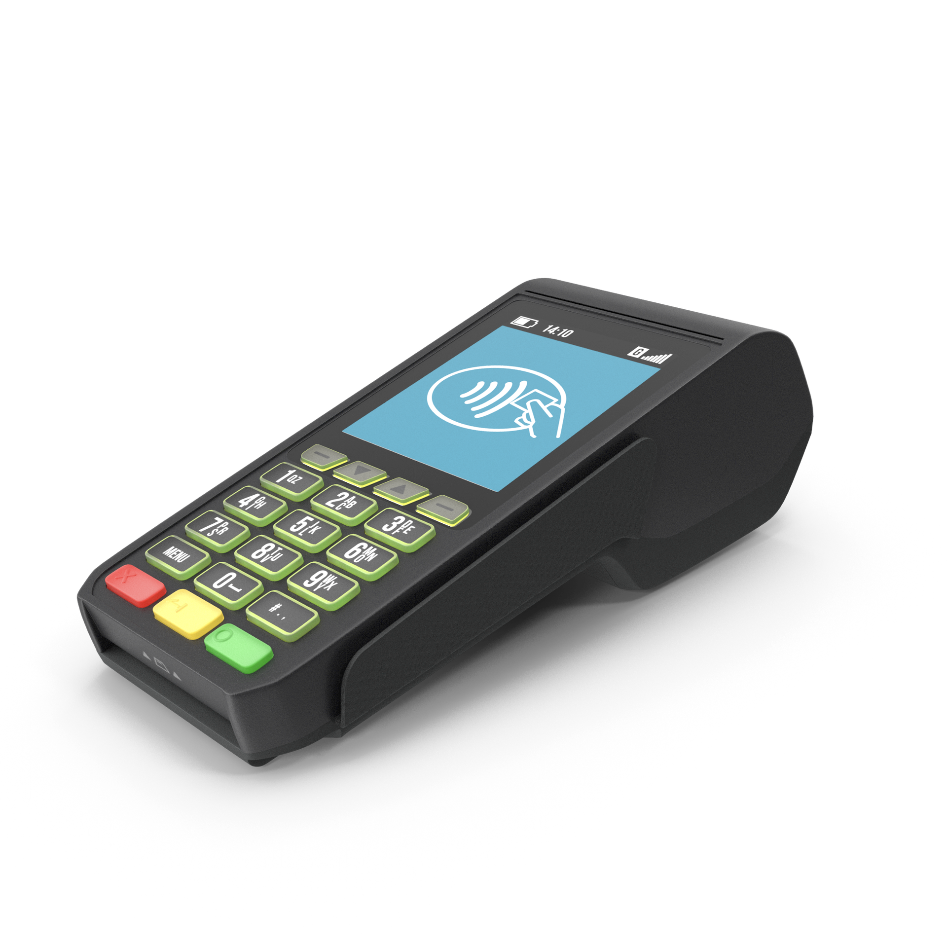 A black credit card machine with a blue screen on a white background.
