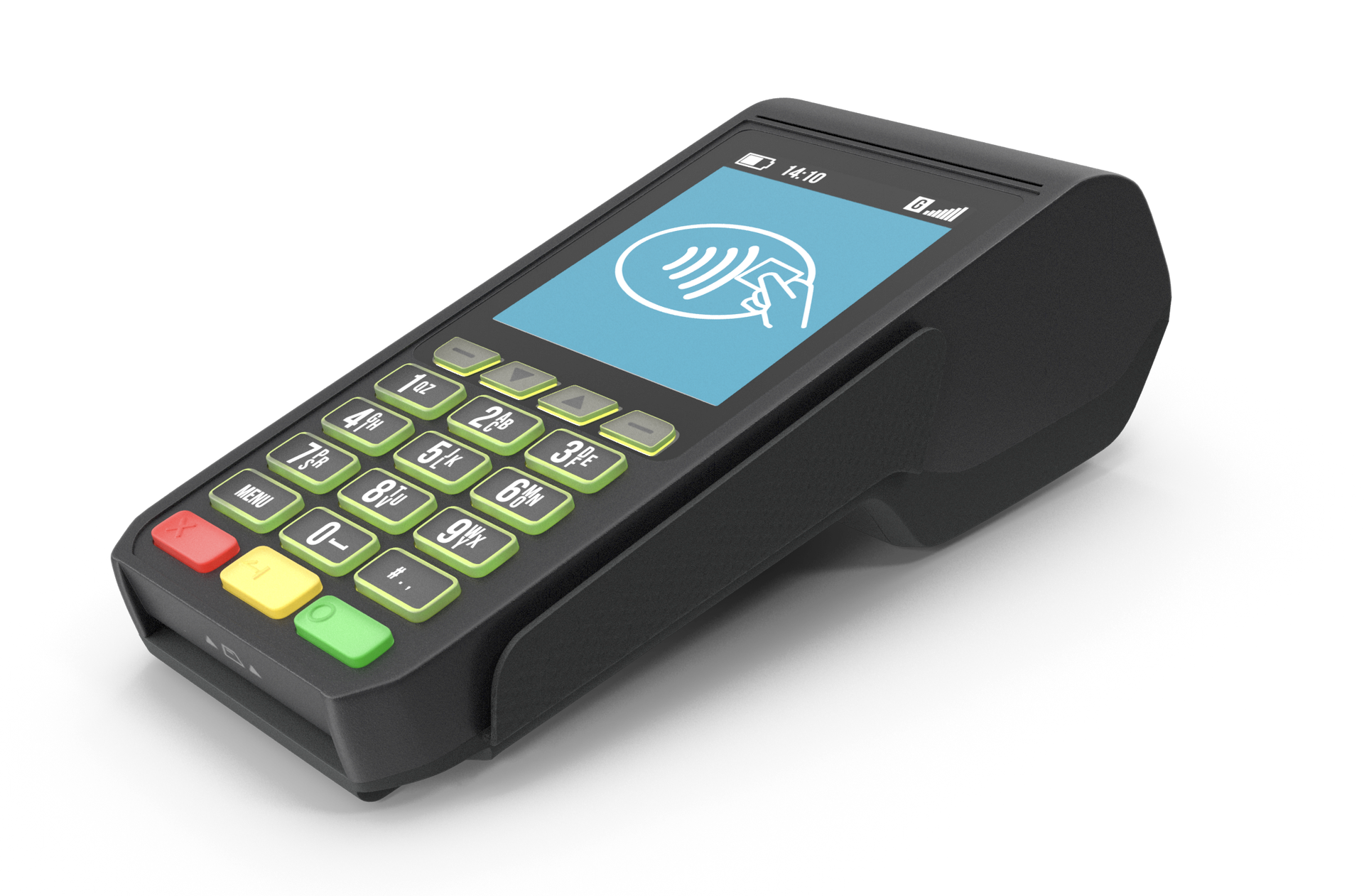 A black credit card machine with a blue screen is sitting on a white surface.