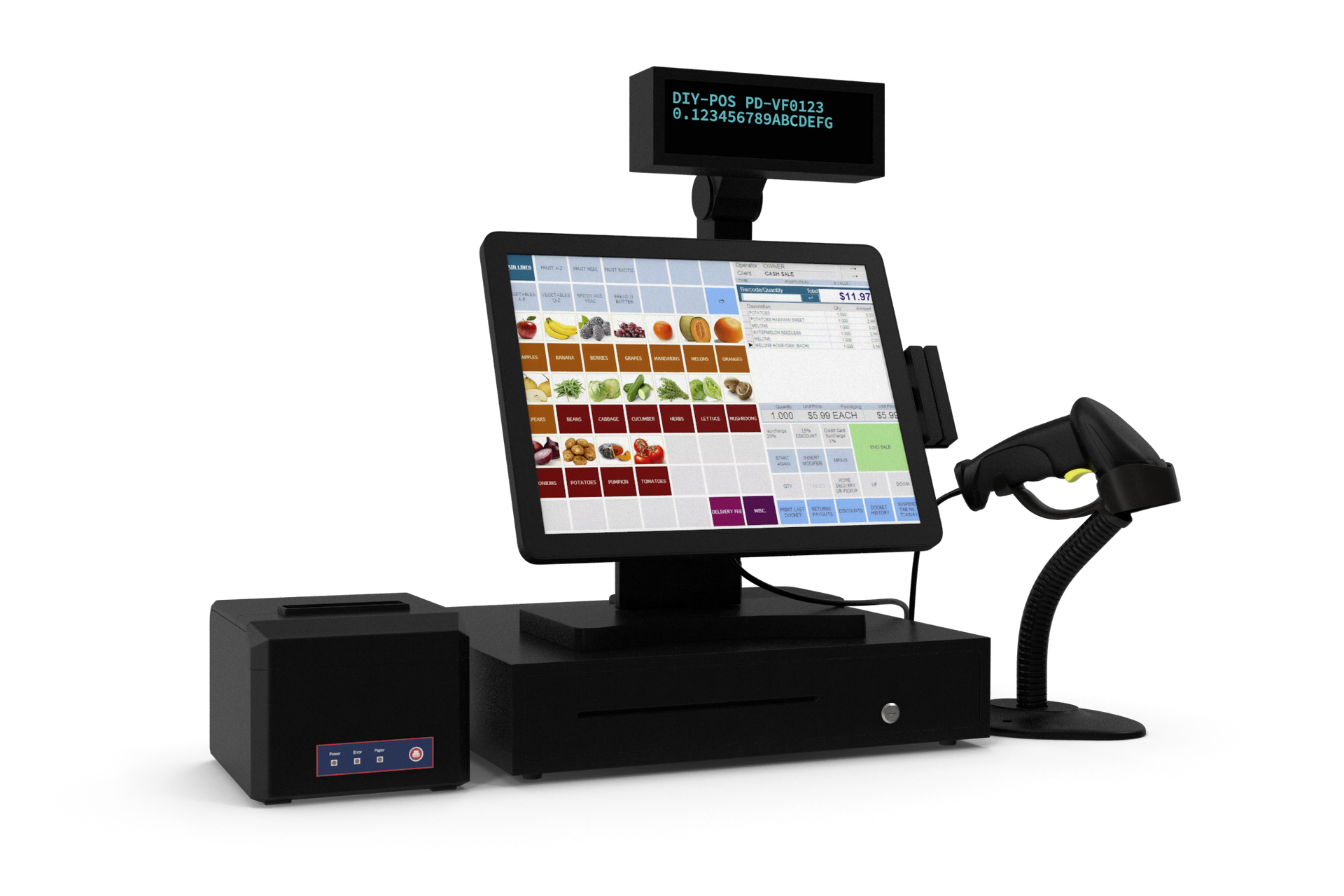 A computer with a barcode scanner attached to it.