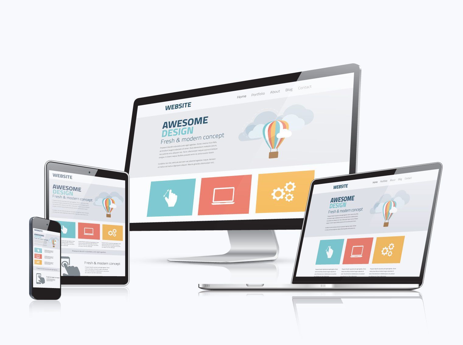 A computer , tablet , and cell phone displaying a website.