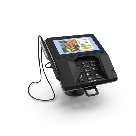 A black phone with a cord attached to it on a white background.
