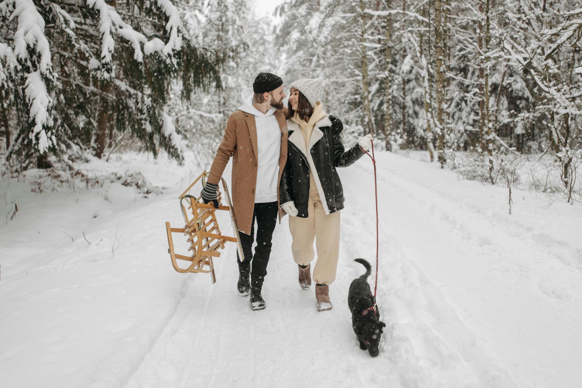 A man and a woman are walking in the snow with a dog. spending the holidays with family.