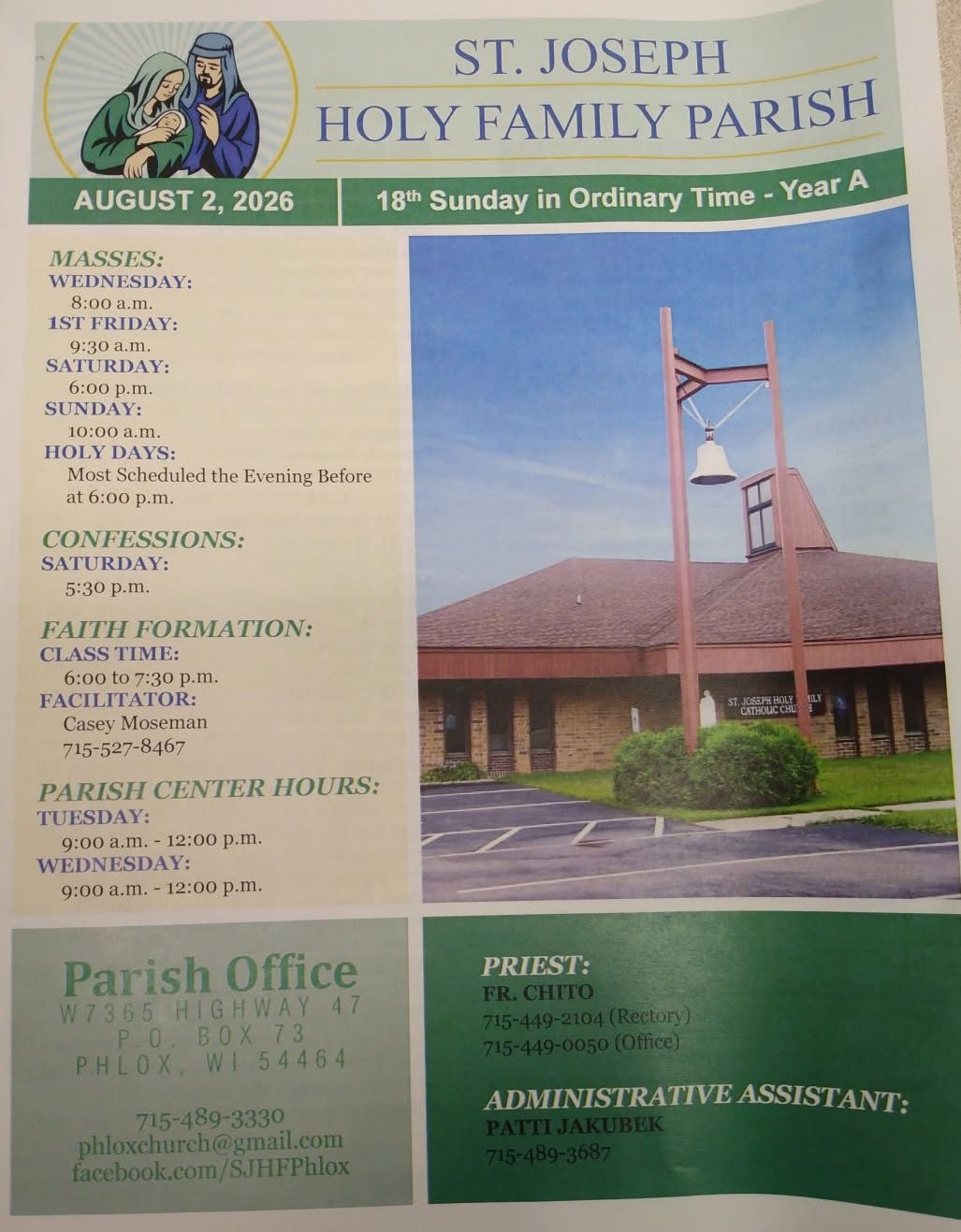 St. Joseph Holy Family Parish bulletin with church photo and Mass schedule, August 2, 2016.