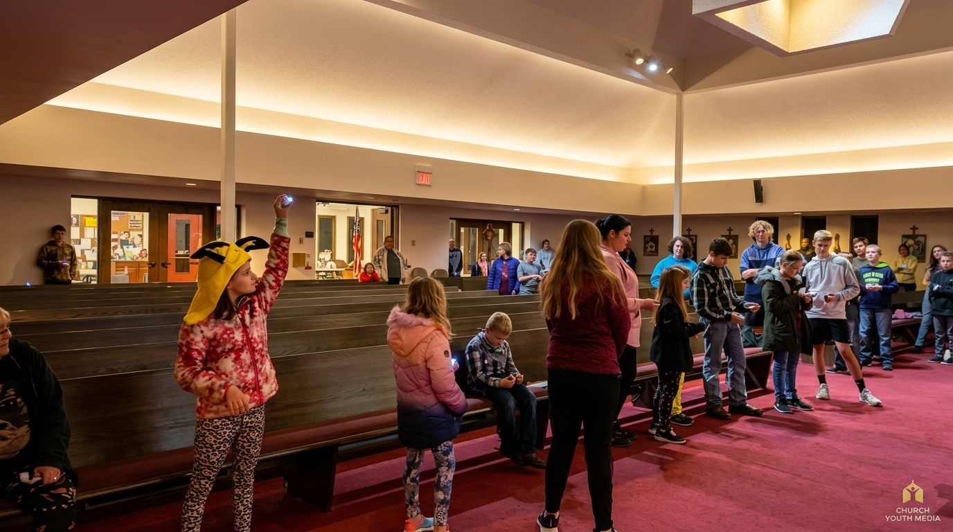 People standing in a hotel lobby on a red carpet, some raising their hands in a group activity.