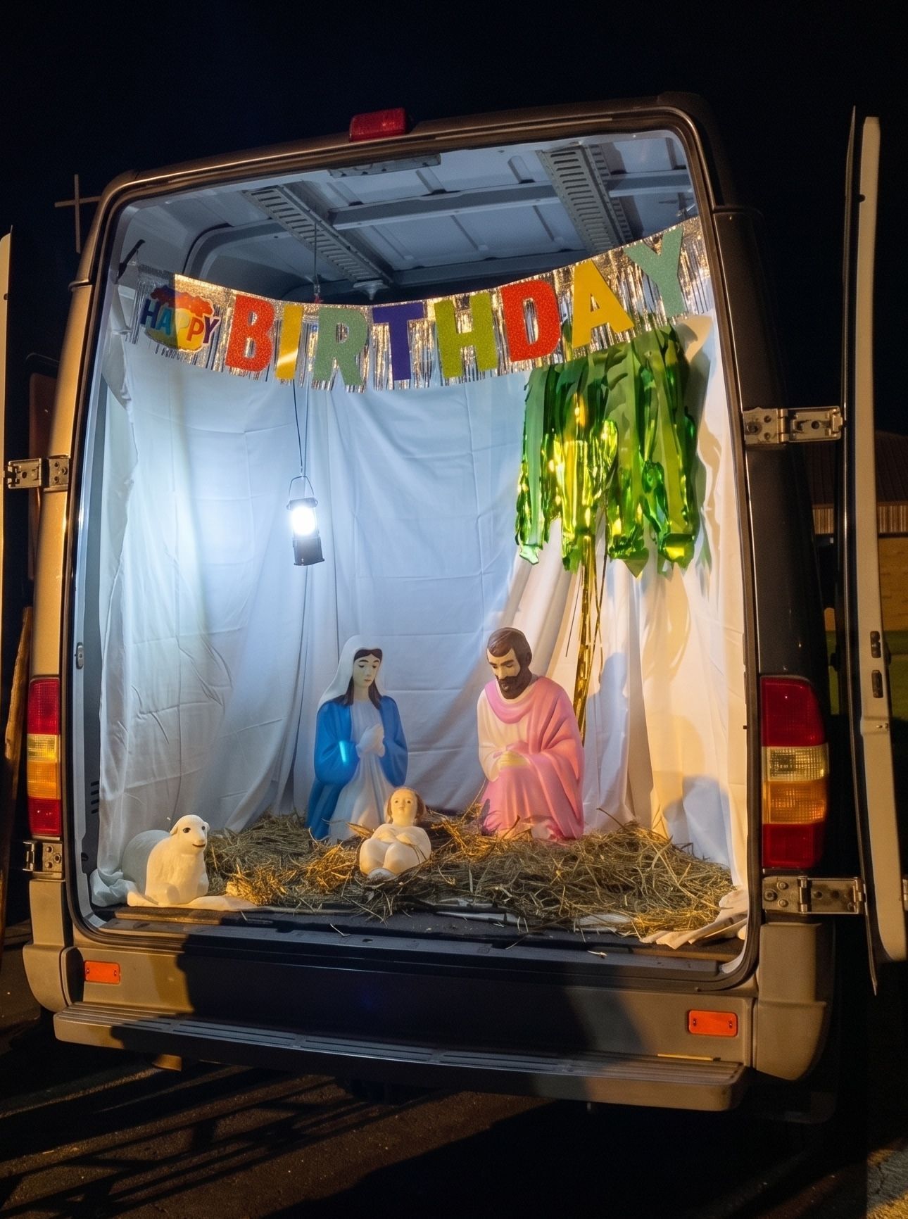Birthday display inside an open van with colorful banner, figures, and hanging decorations