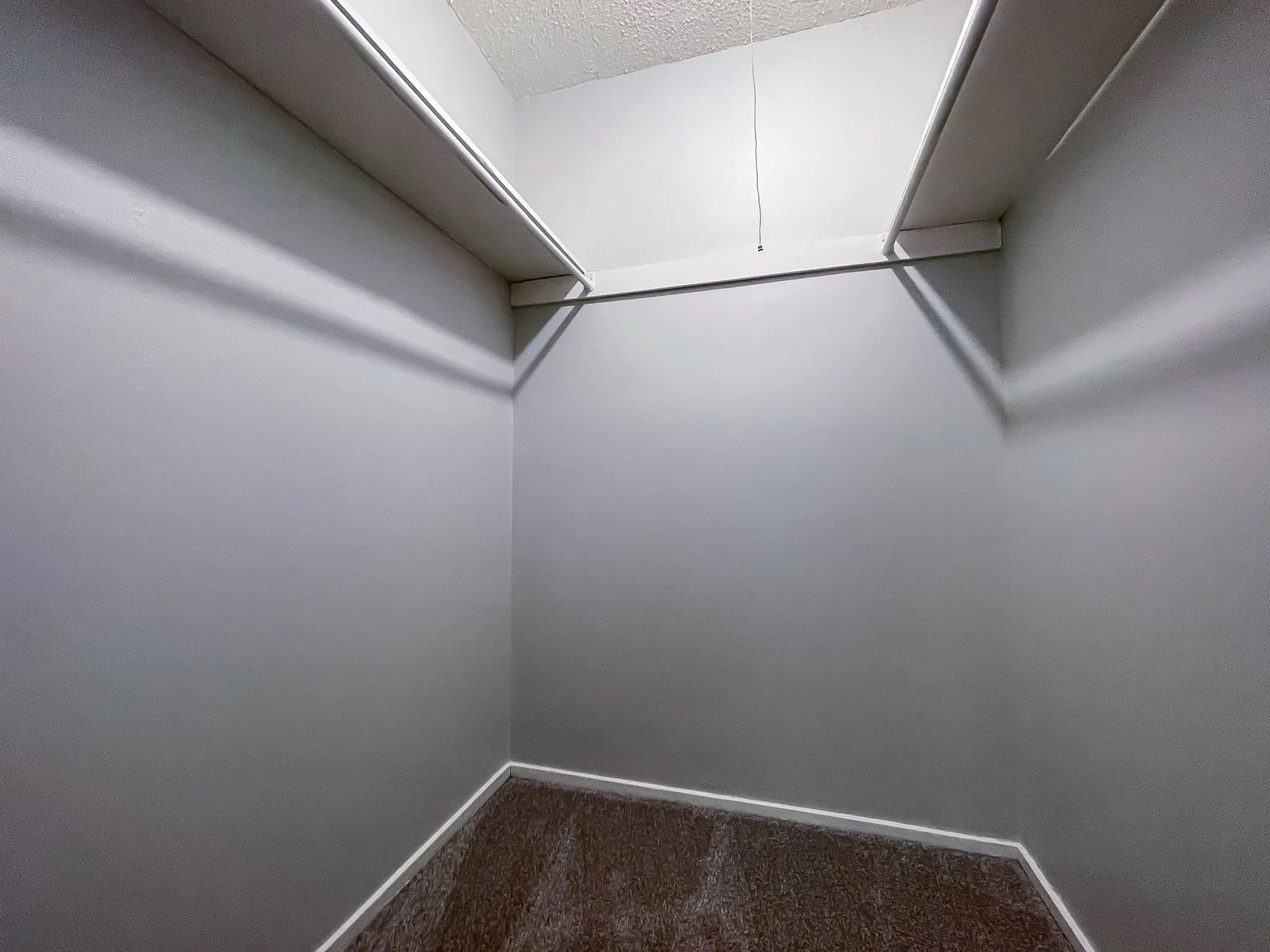 Small walk-in closet with two clothing rods along opposite walls and carpeted floor.