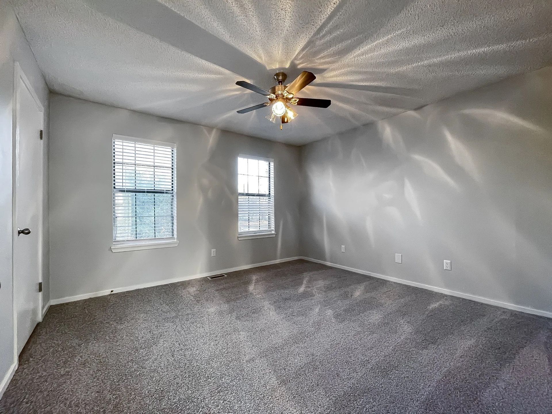 Empty living area with carpet, a ceiling fan, and two windows.