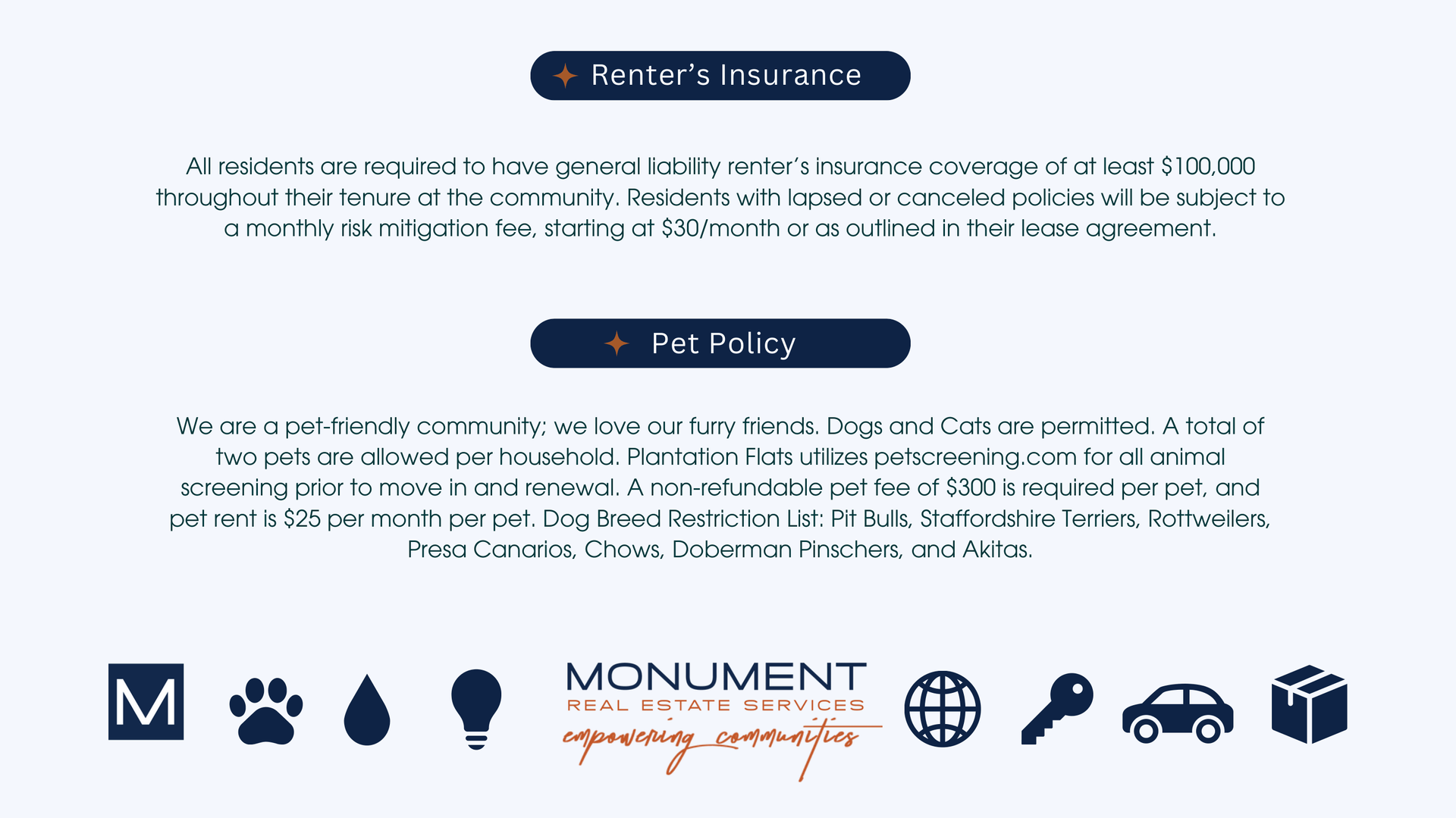Text about renter's insurance and pet policy from Monument Real Estate Services.