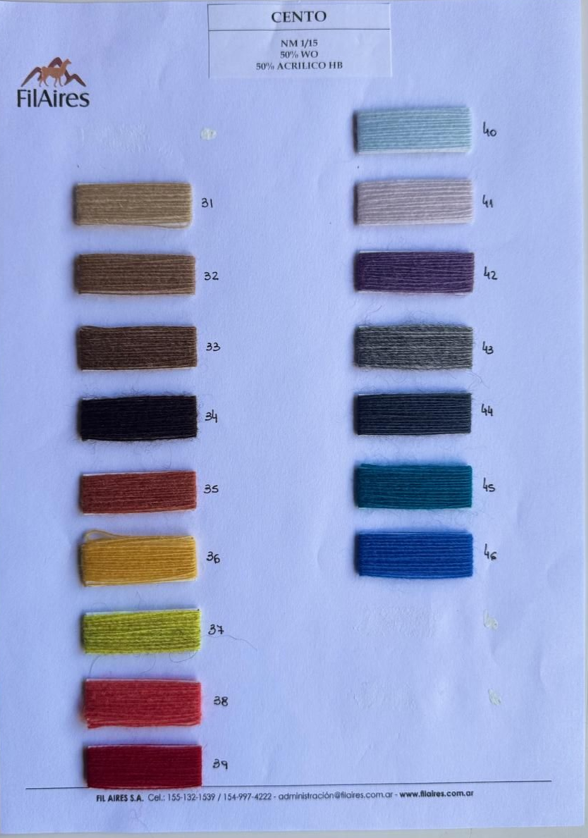Muestras de color sobre papel blanco; varios colores etiquetados con texto, probablemente muestras textiles.