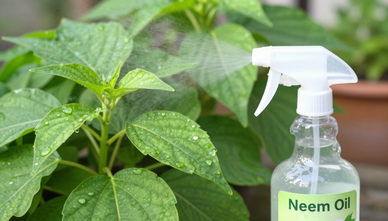 Aplicación de aceite de neem sobre plantas de jardín