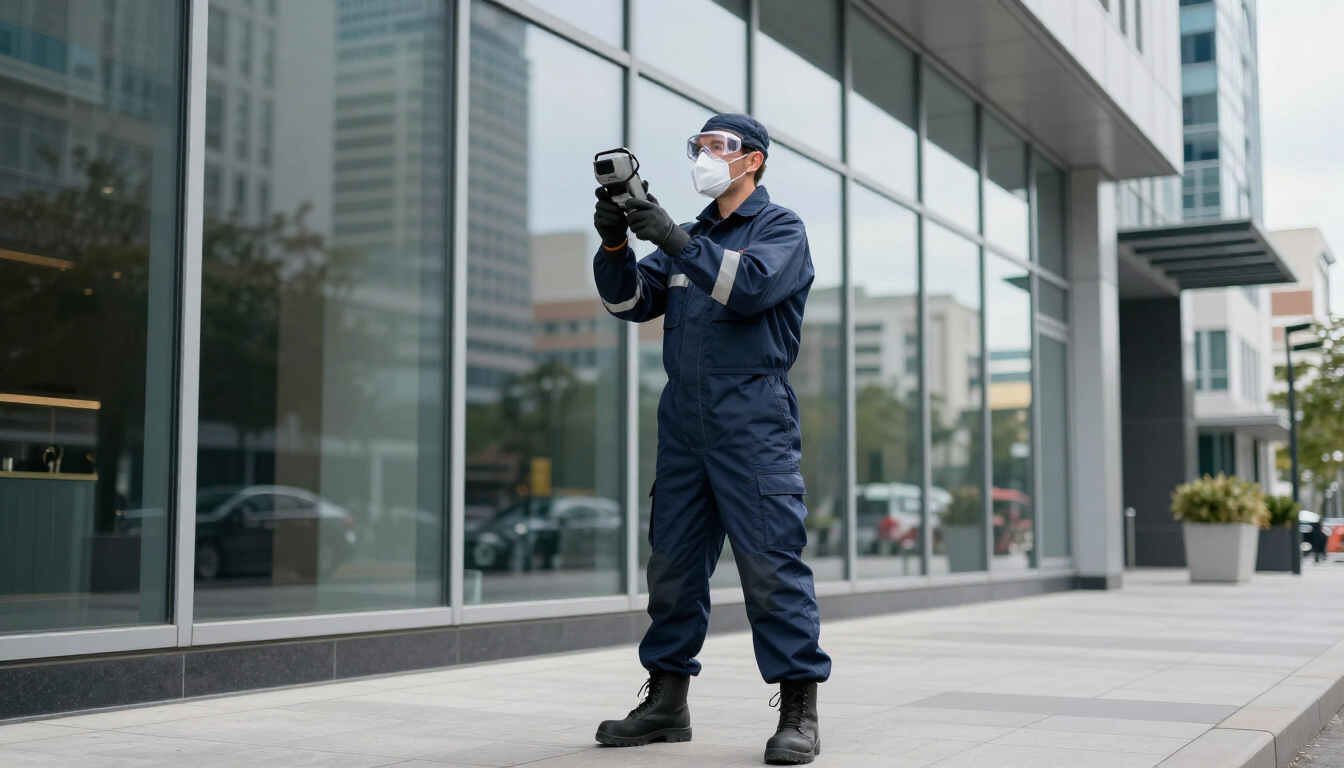 Técnico inspeccionando señales de plagas en un edificio urbano