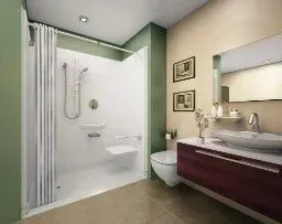 A bathroom with a walk in shower , toilet , sink and mirror.