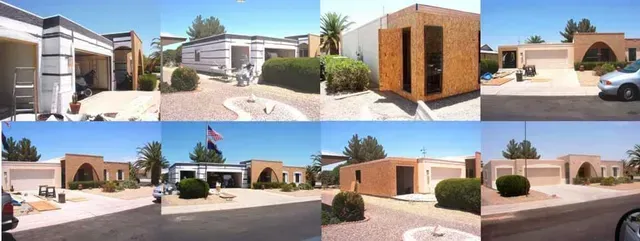 A collage of pictures of a house with a car parked in front of it.