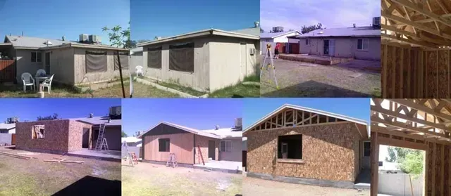 A collage of pictures of houses in different stages of construction.