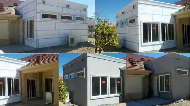 A collage of four pictures of a house with a lot of windows.