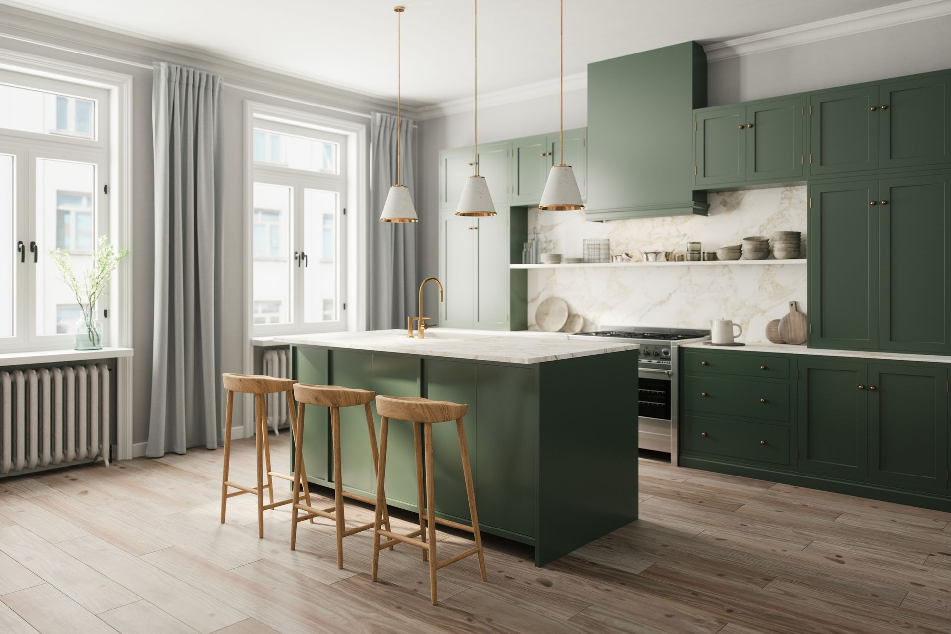 A kitchen with green cabinets and stools and a large island.