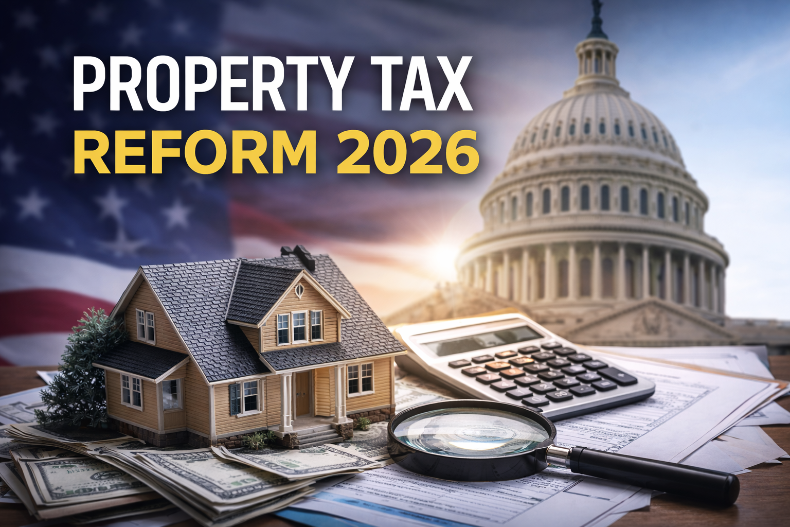 Property tax reform 2026 concept image showing a home, calculator, and tax documents