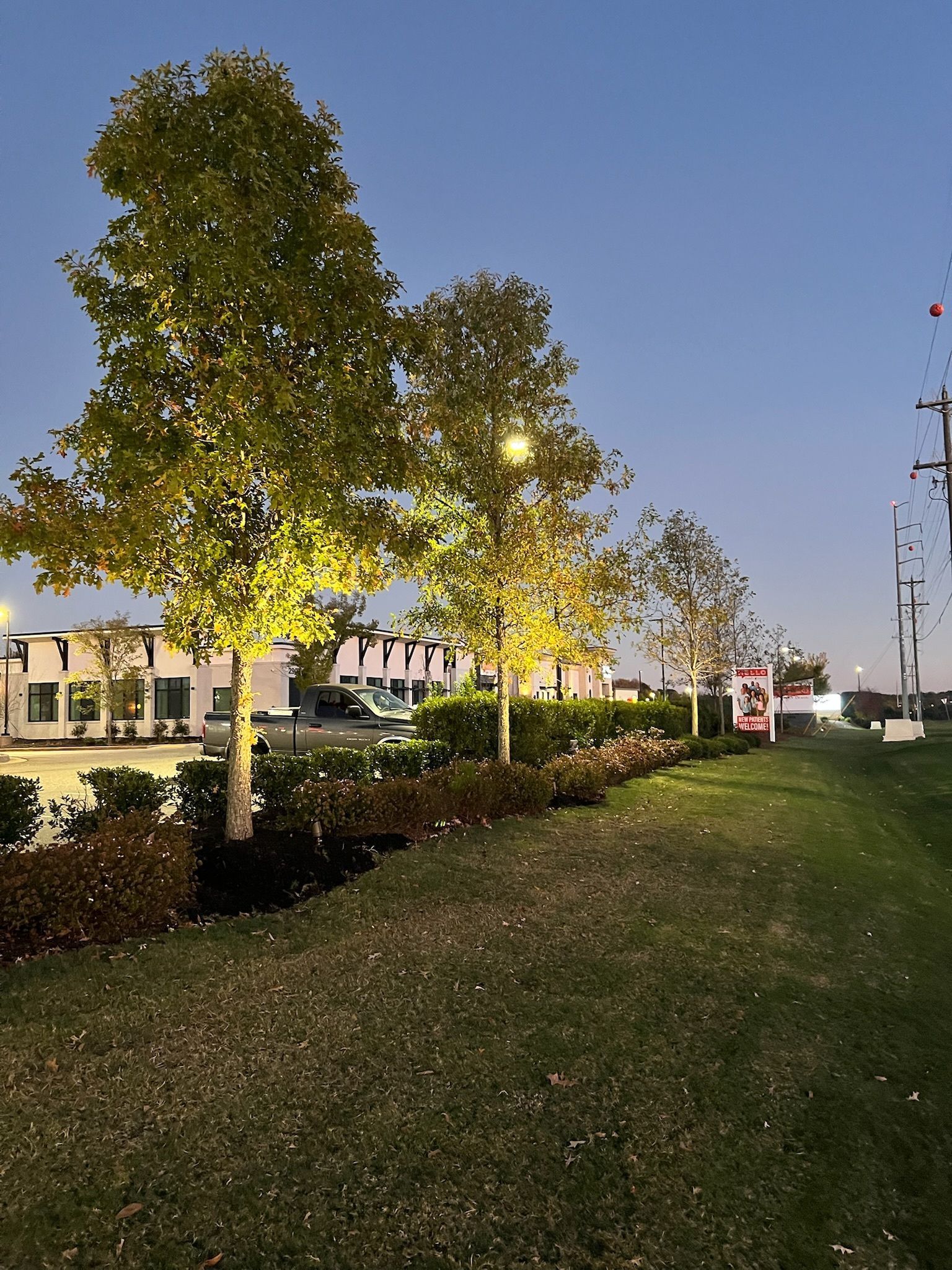 Lit park walkway at dusk with trees, grass, and building lights in the background