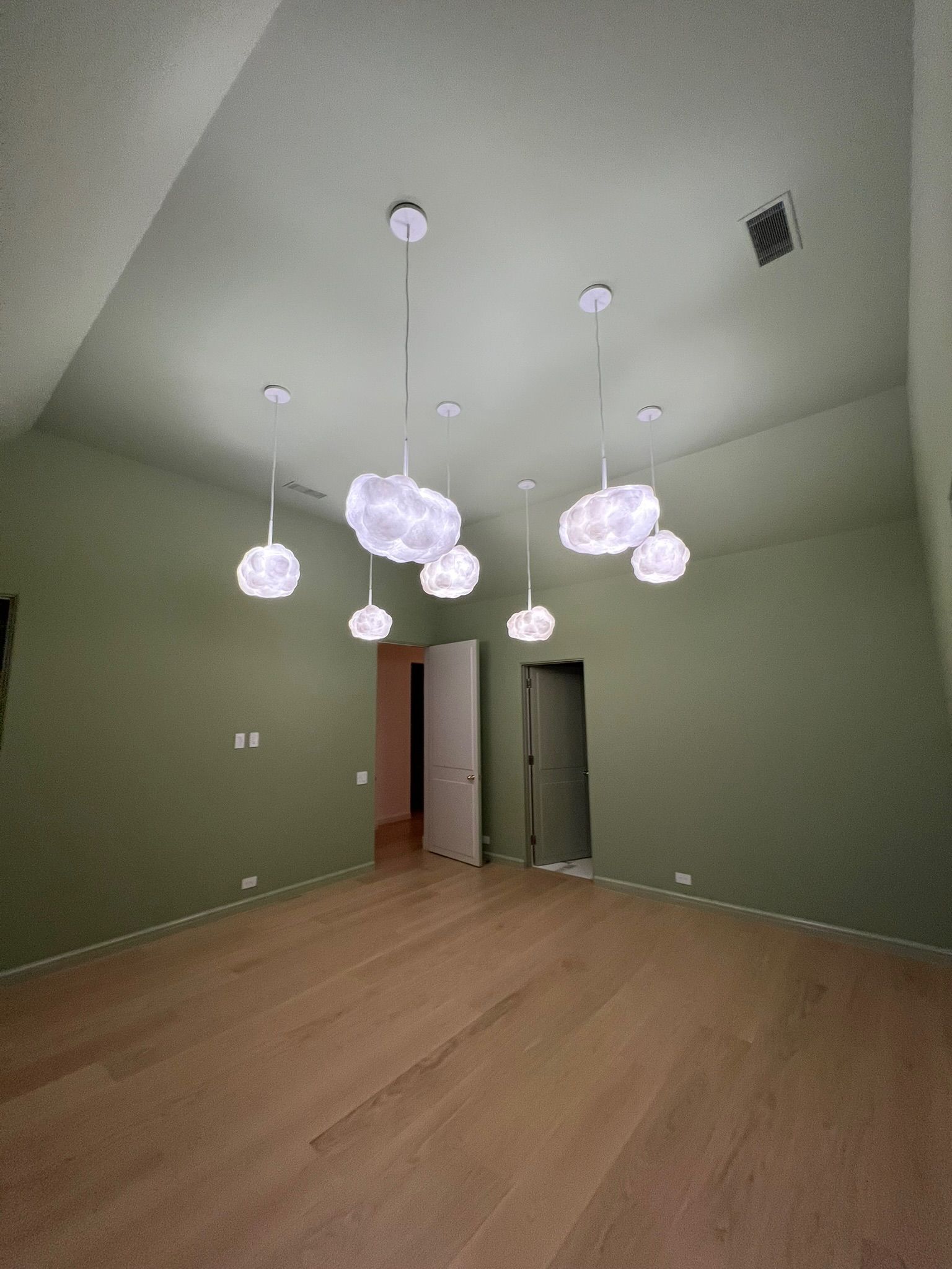 Empty room with light wood floor, green walls, and hanging pendant lights near open doors.