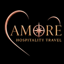 Copper AMORE Hospitality Travel logo with heart outline and compass icon on black background