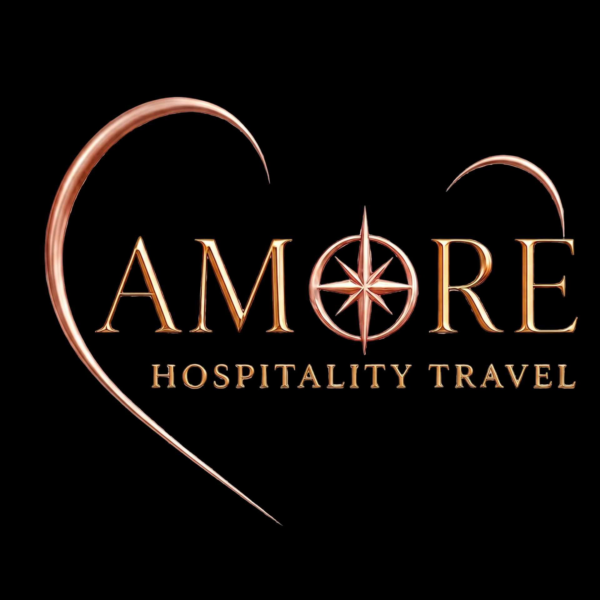 Copper AMORE Hospitality Travel logo with heart outline and compass icon on black background