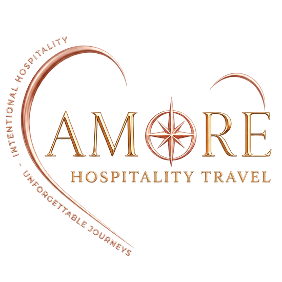 AMORE Hospitality Travel logo with copper heart and compass design, plus “Unforgettable Journeys” text
