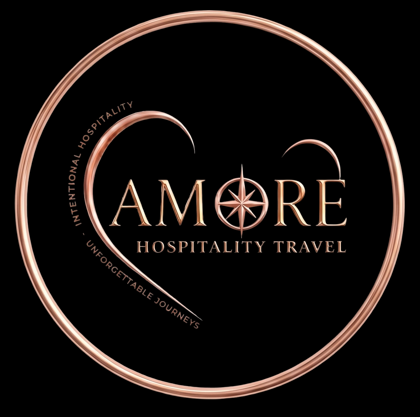 A rose-gold circular AMORE Hospitality Travel logo on a black background with heart-themed text.