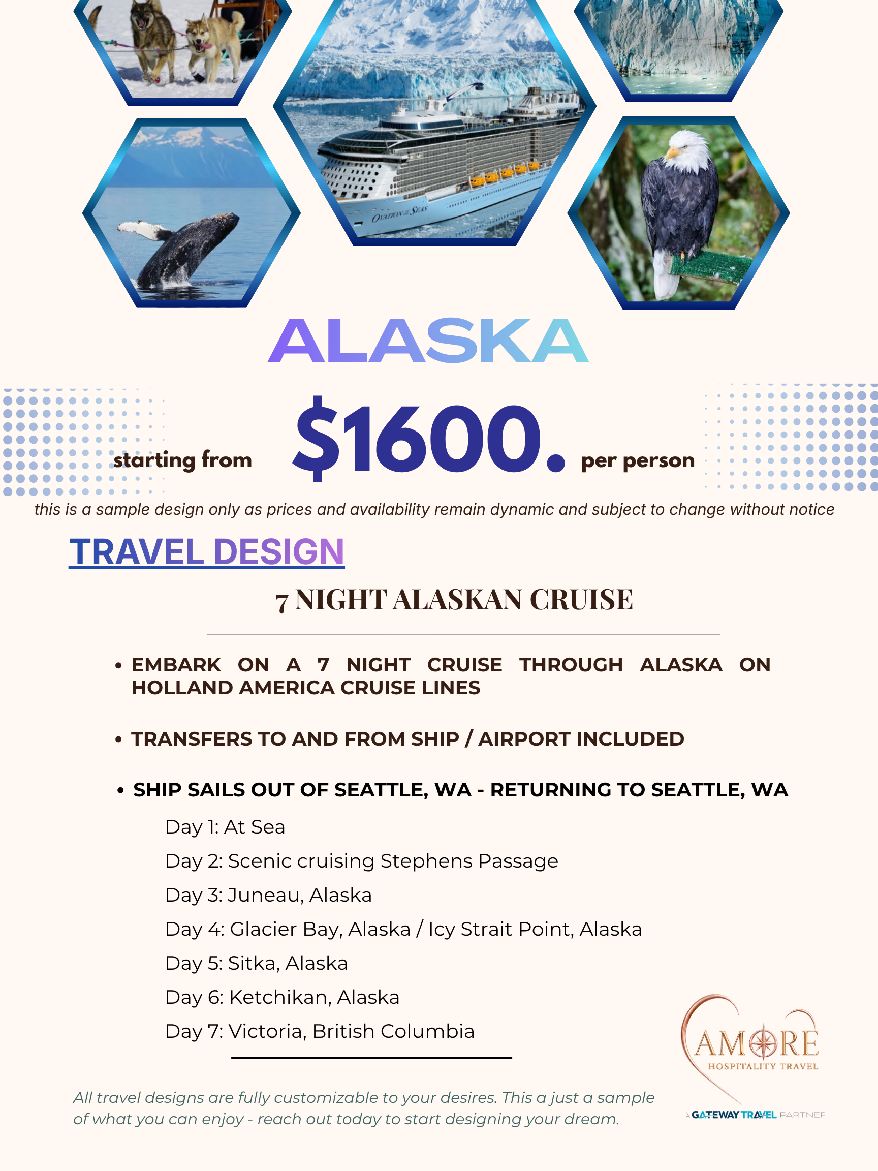 Alaska travel poster with photos of glaciers and ships, promoting a $1600 per person tour.
