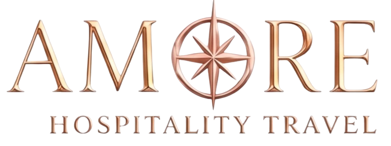 Amore Hospitality Travel logo with copper text and compass rose icon on a white background