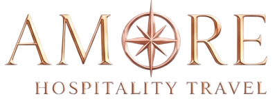 Amore Hospitality Travel logo with copper text and compass rose icon on a white background