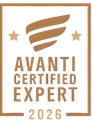 Avanti Certified Expert 2026 badge in bronze and white with stars and wing emblem