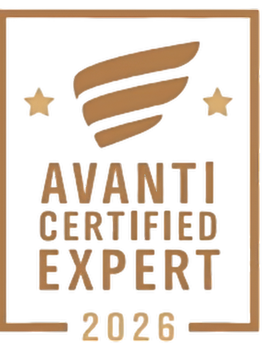 Avanti Certified Expert 2026 badge in bronze and white with stars and wing emblem