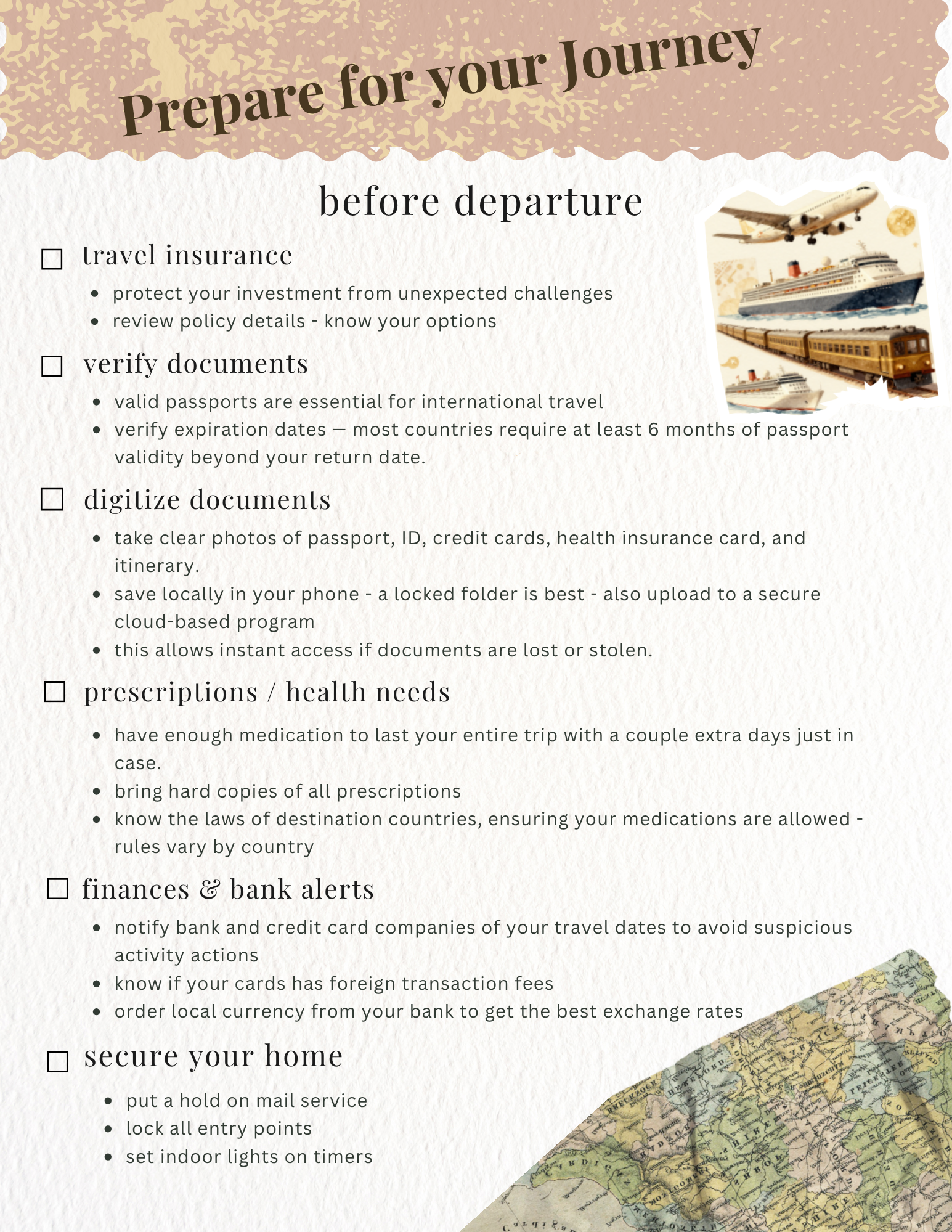 Travel checklist poster titled “Prepare for your journey before departure” with sections and small travel images