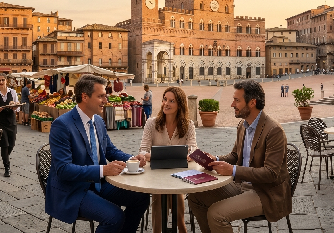 Three people talk at an outdoor café with historic buildings in the background.