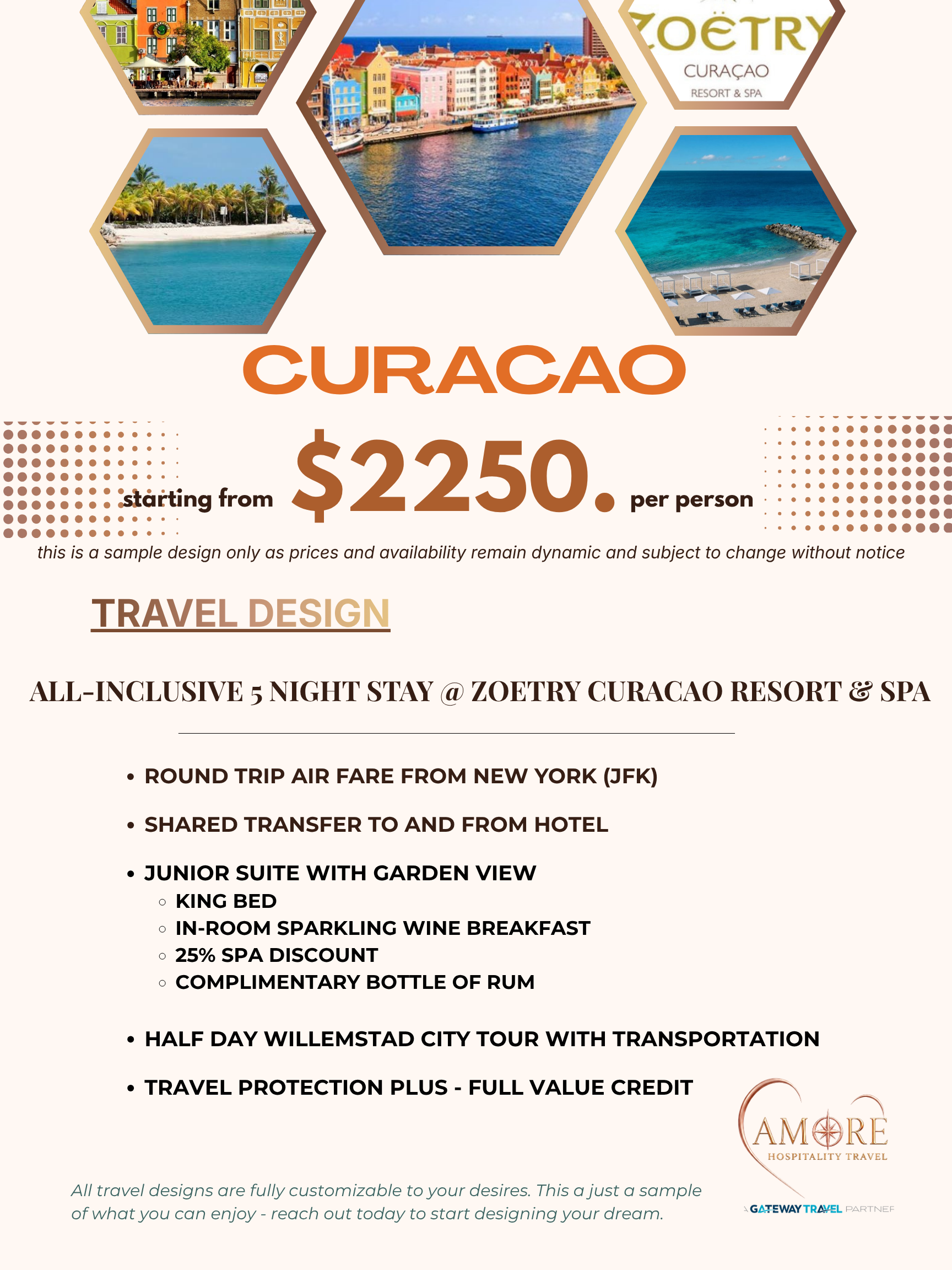 Curacao travel poster with hexagon beach photos and $2250 per person price over travel details