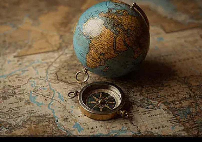 Vintage compass and small globe on a map, suggesting travel and exploration