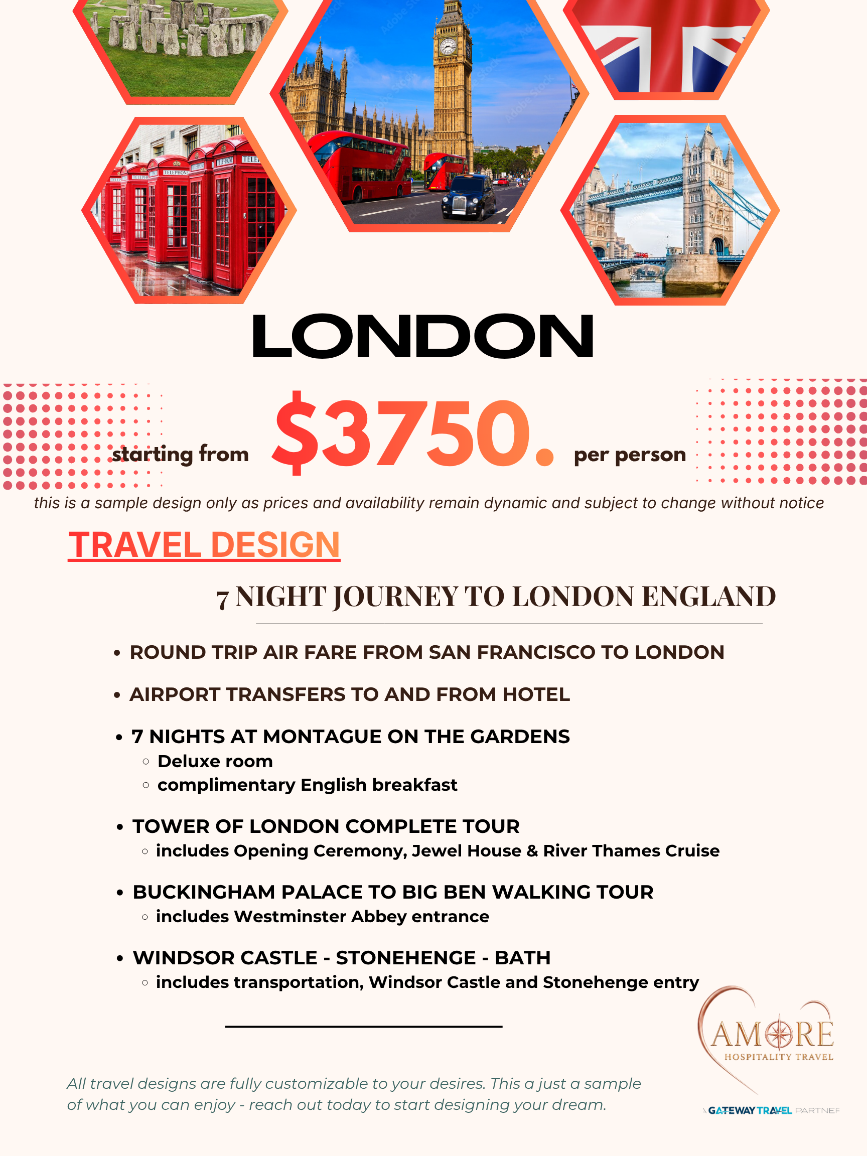 London travel tour flyer with Big Ben, red phone booths, and $3750 price