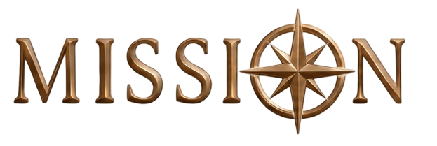 “MISSION” logo in bronze serif letters, with the O styled as a compass rose.