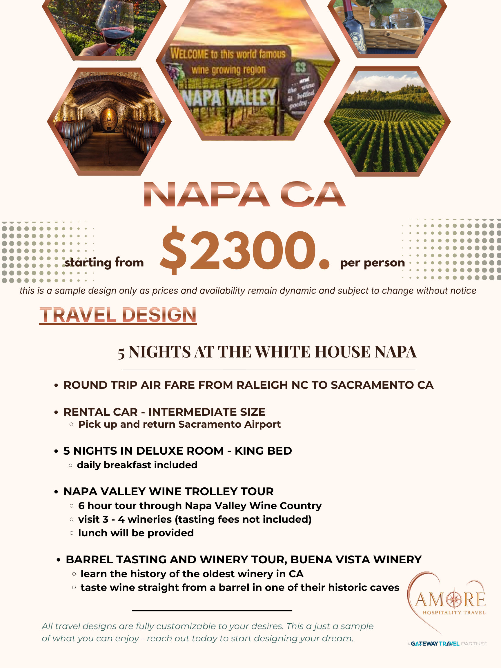 Napa CA travel deal flyer with vineyard photos and $2300 price per person.