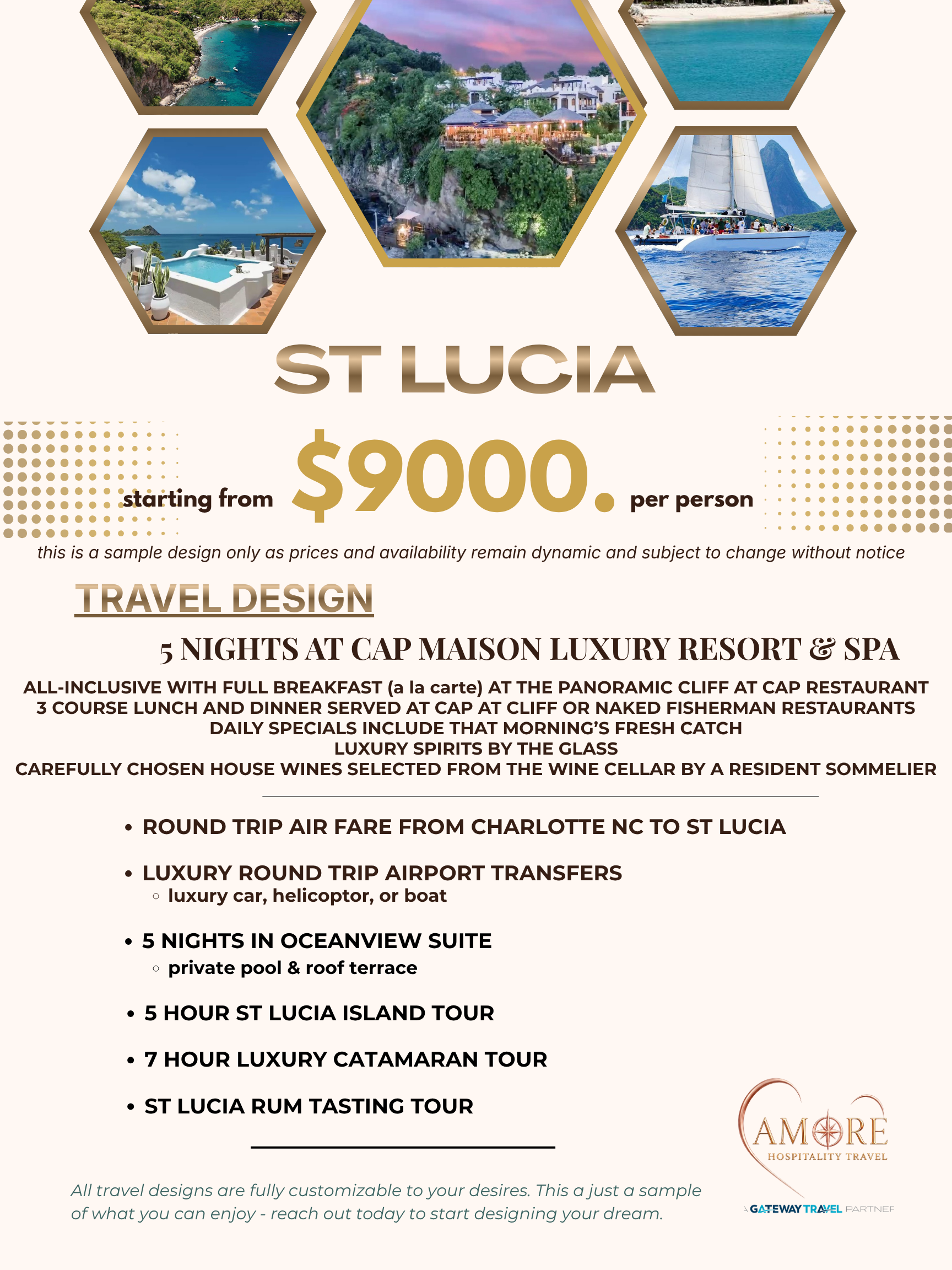 St. Lucia travel flyer with $9000 per person, resort photos, and travel design details
