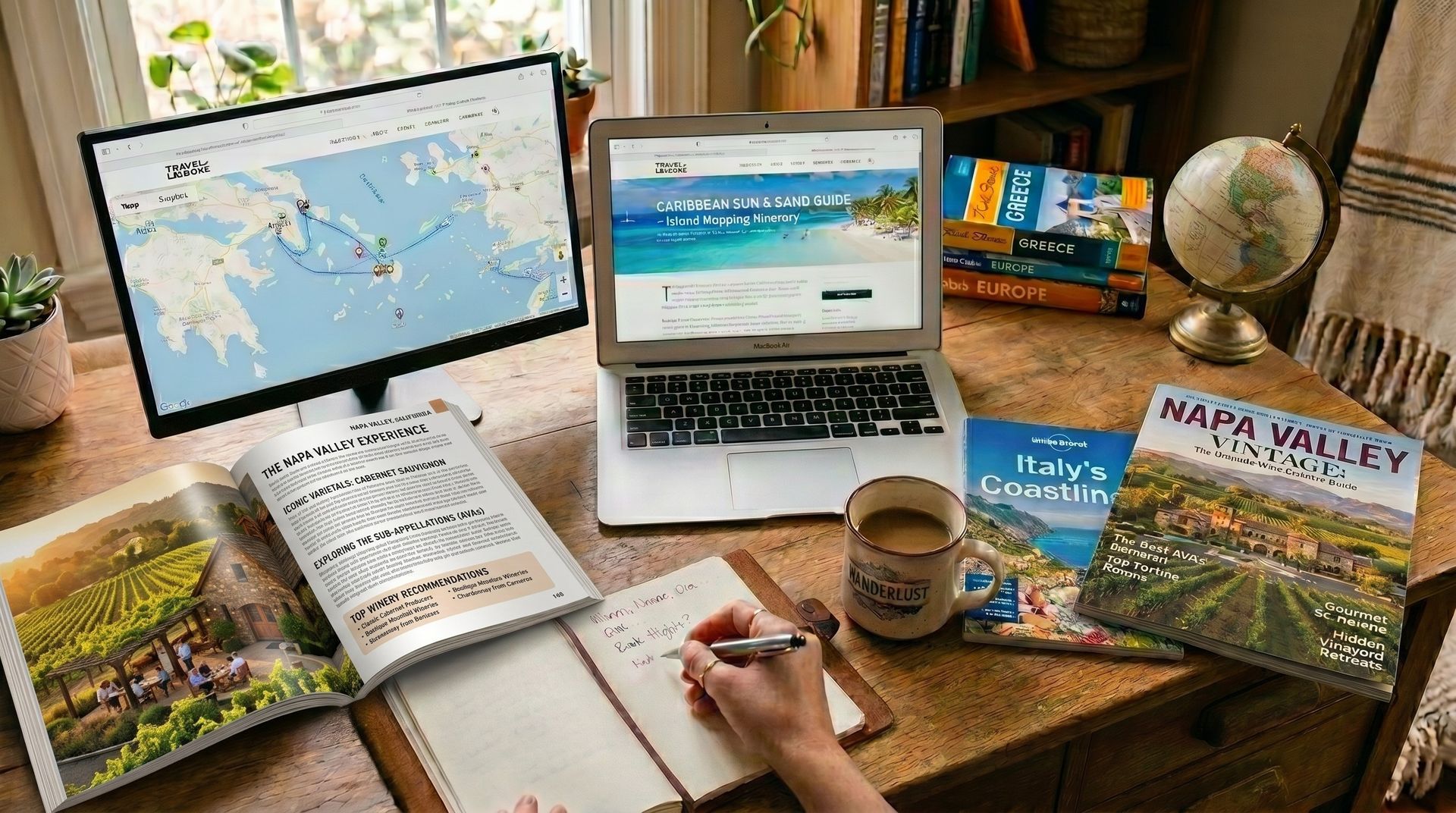Travel planning desk with laptop maps, open notebook, coffee mug, globe, and Hawaii Valley guidebook