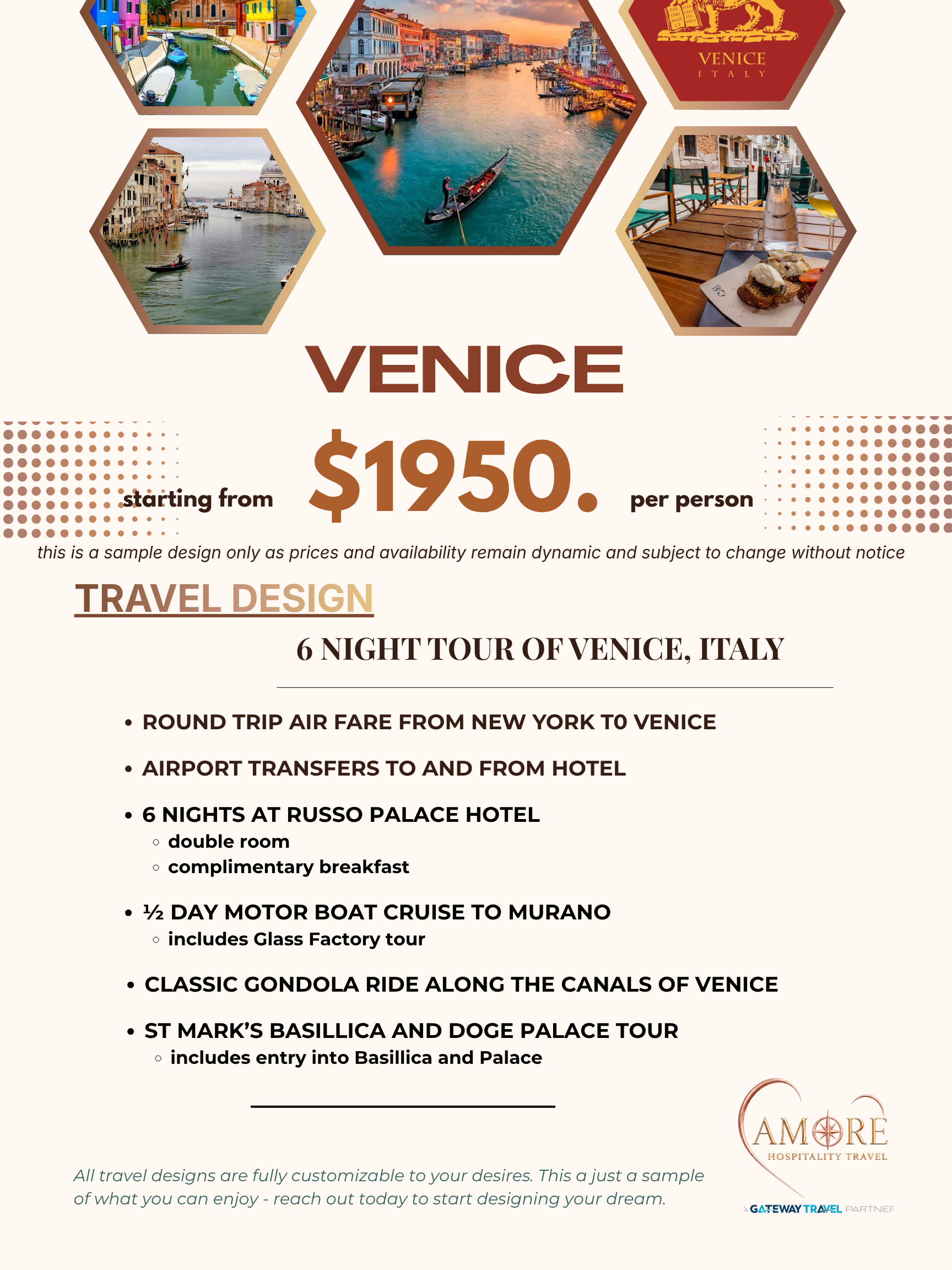 Venice travel brochure with hexagon photos and $1950 price on a white and beige background