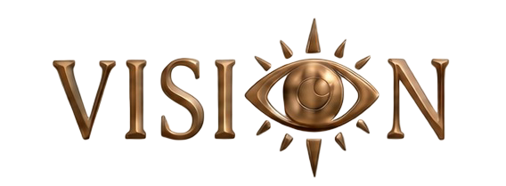 Brown “VISION” logo with an eye inside the letter O and sunburst rays around it