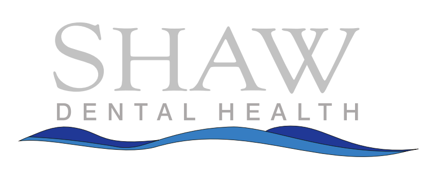 Shaw Dental Health logo with gray text and blue wave design.