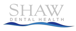 Shaw Dental Health logo with gray text and blue wave design.
