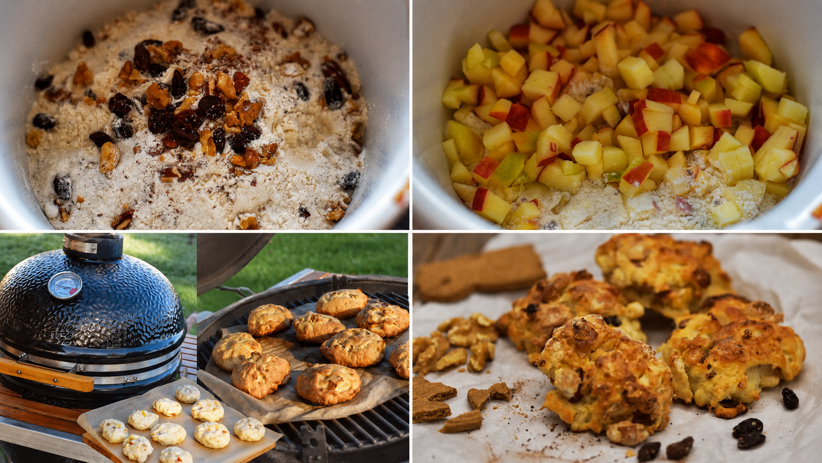 Collage van het mengen van de ingrediënten, het toevoegen van appel en het bakken van winterse appelballetjes op de kamado.