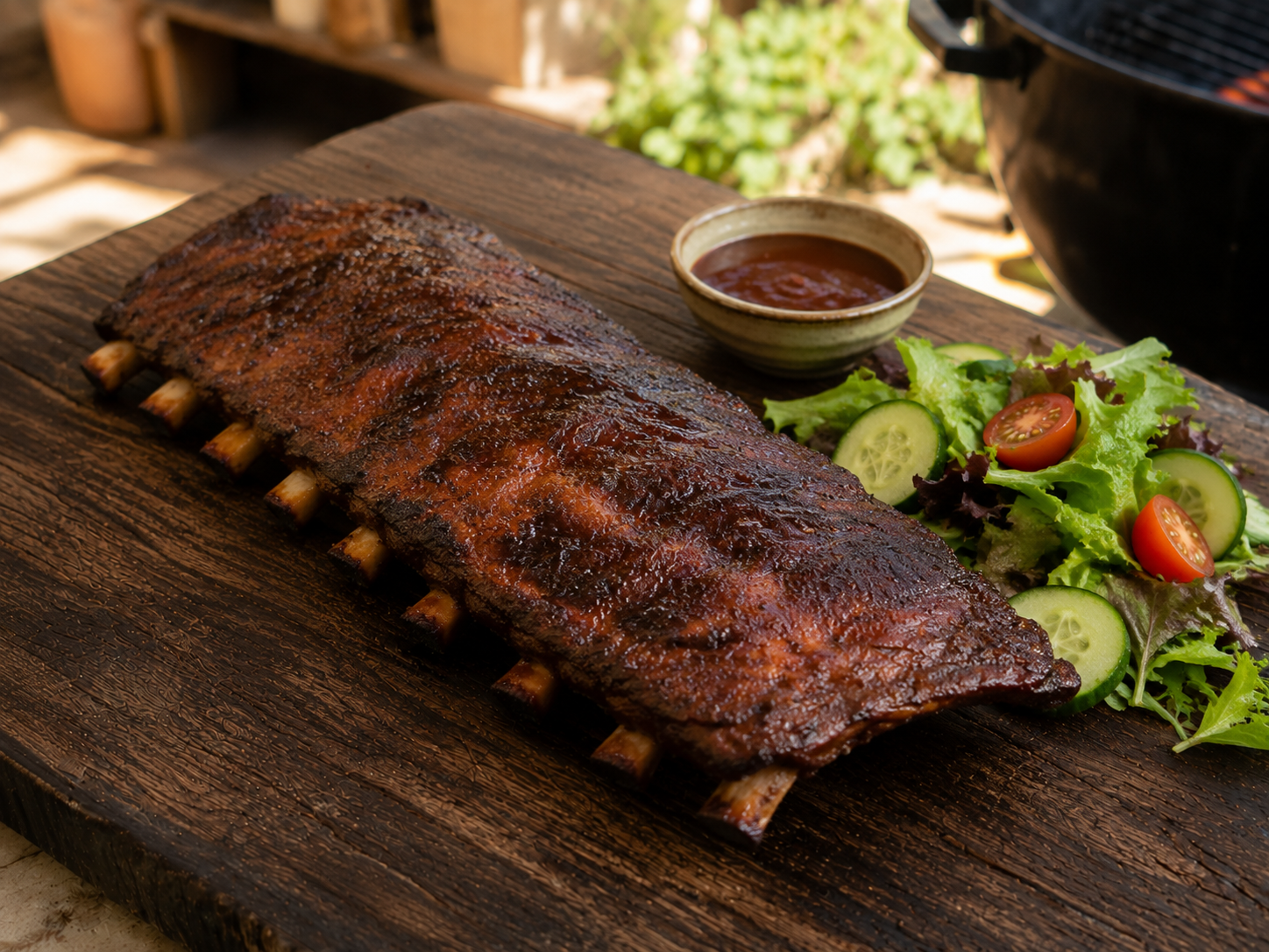 Amerikaanse spareribs van de BBQ volgens de 3-2-1-methode met een frisse salade