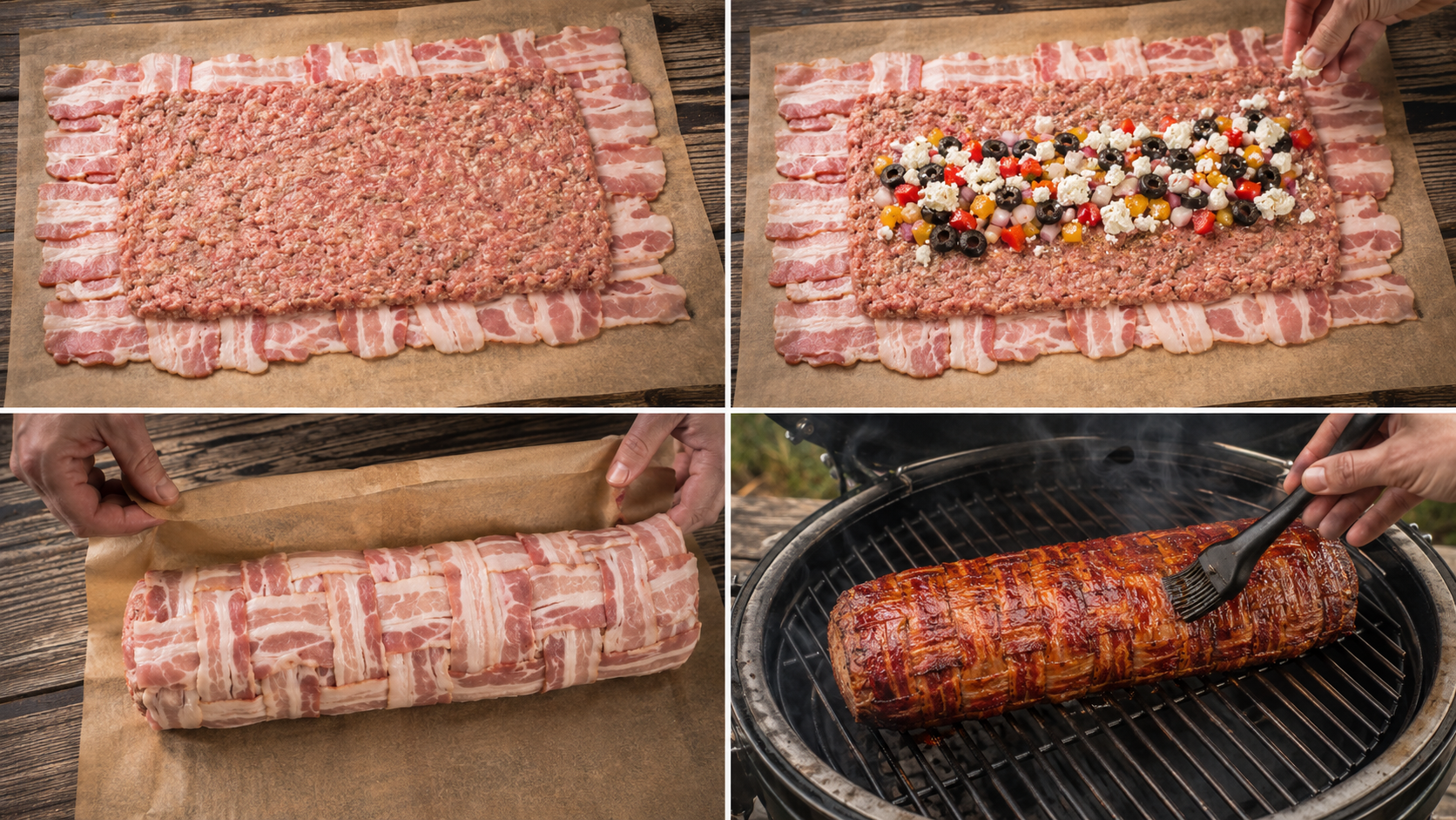 Bereidingsstappen van een bacon bomb op de kamado