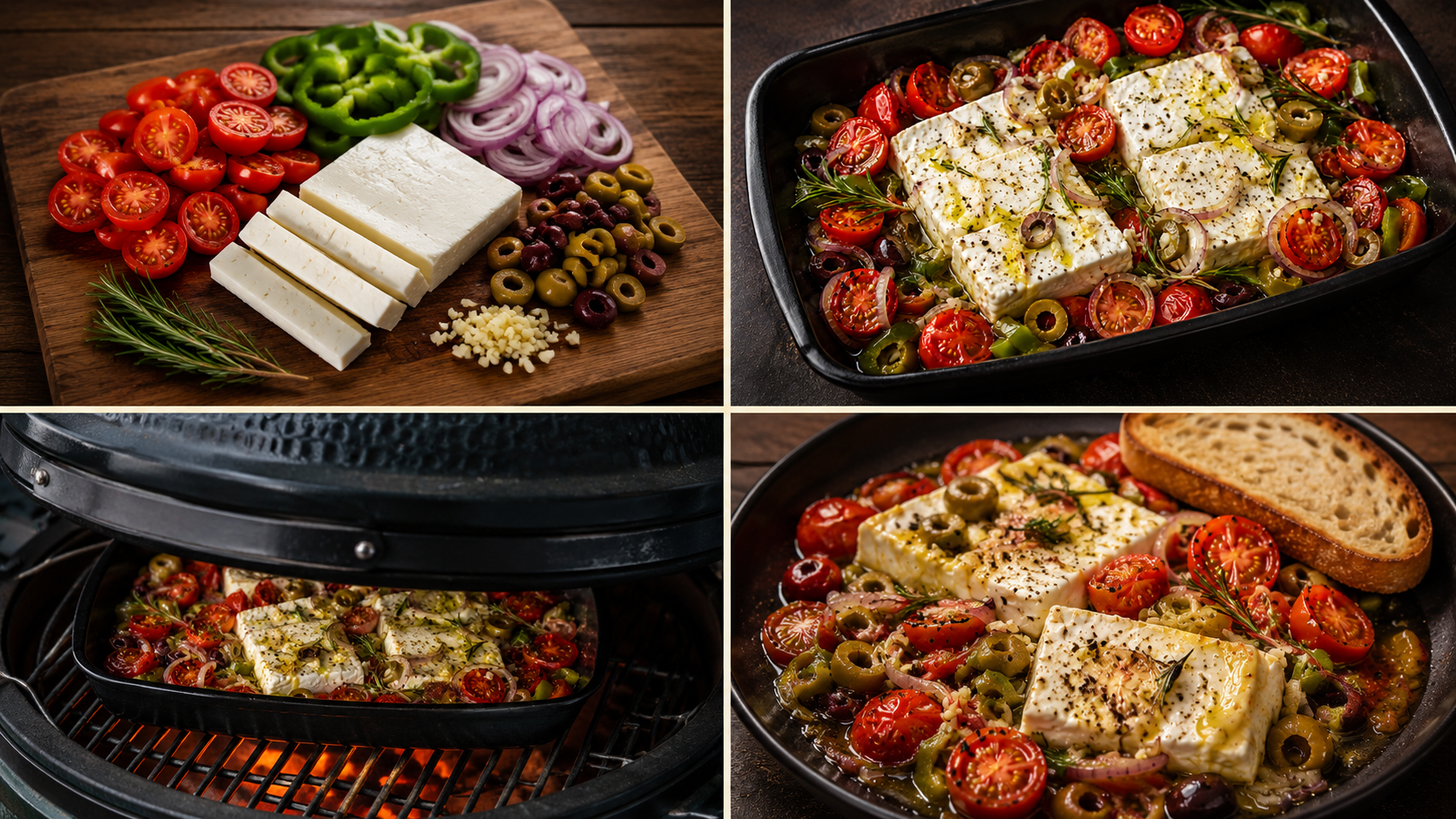 Bereiding van vegan feta met mediterrane groenten op de kamado