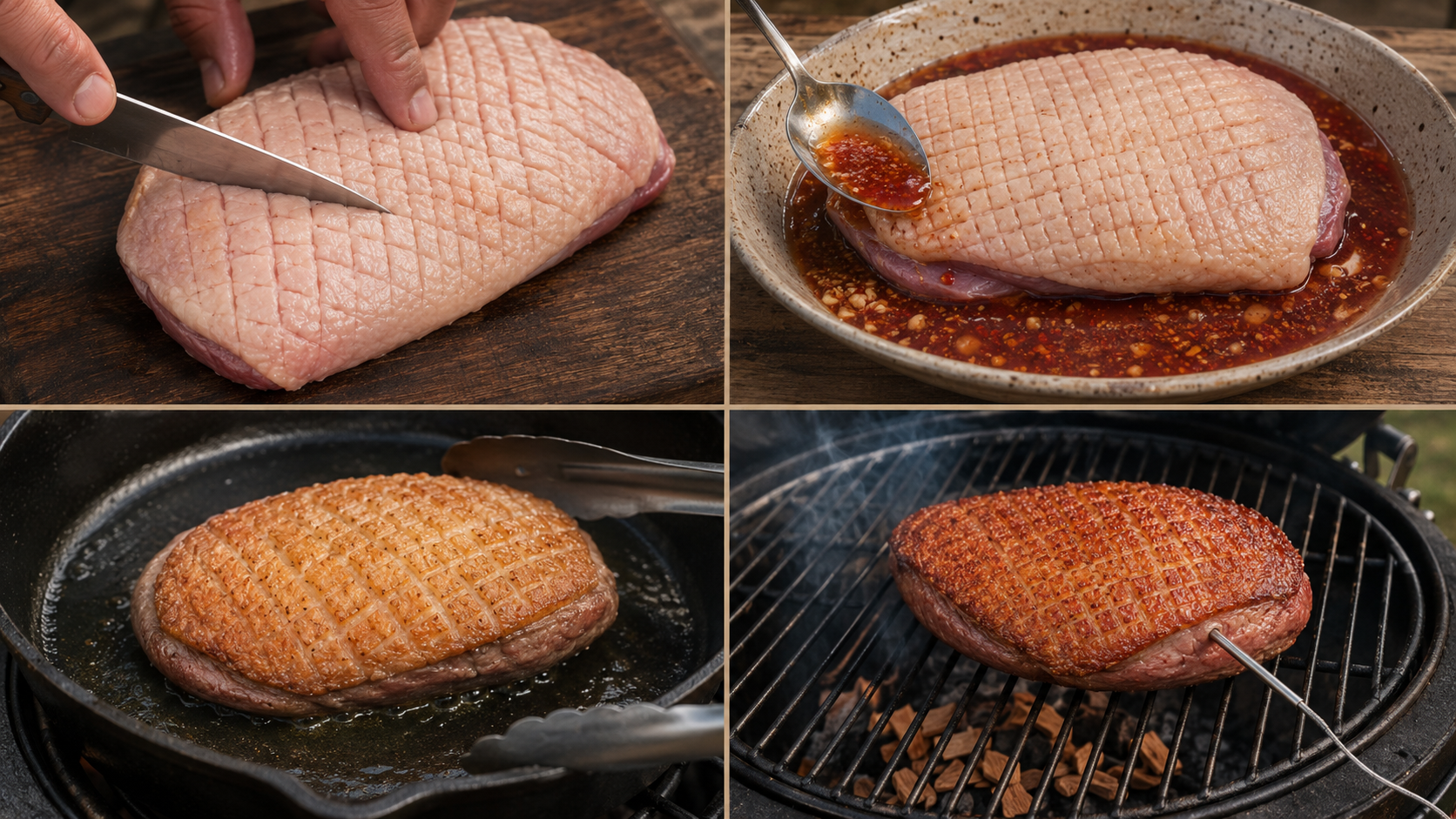 Bereidingsstappen voor gerookte eendenborst op de kamado